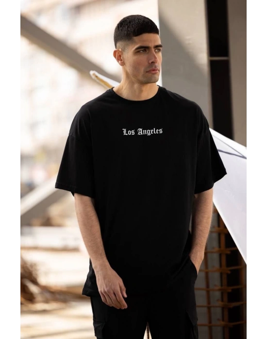 Bisiklet Yaka Baskılı Oversize T-Shirt - Siyah -