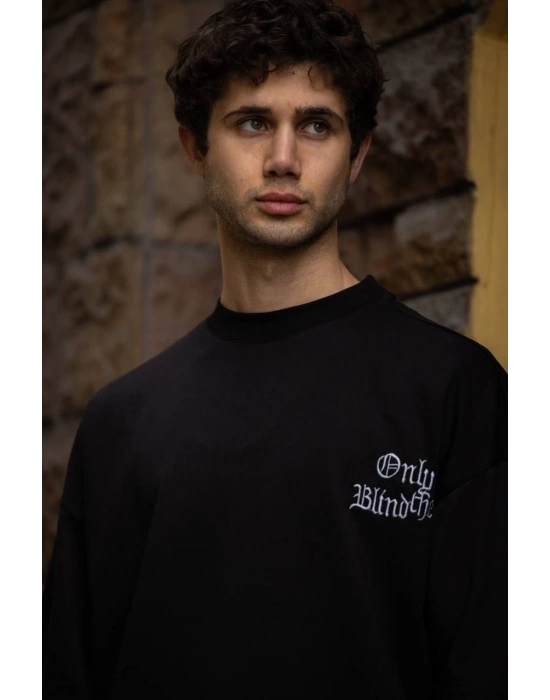 Bisiklet Yaka Baskılı Oversize T-Shirt - Siyah