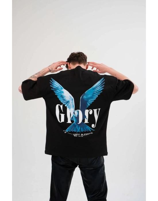 Bisiklet Yaka Baskılı Oversize T-Shirt - Siyah -