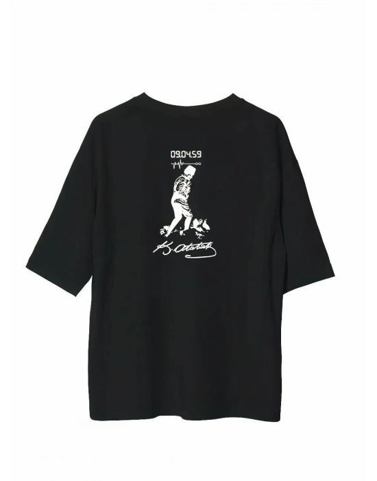 Bisiklet Yaka Baskılı Oversize T-Shirt - Siyah