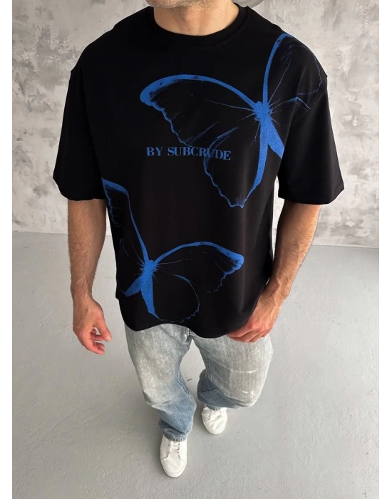 Bisiklet Yaka Baskılı Oversize T-Shirt - Siyah