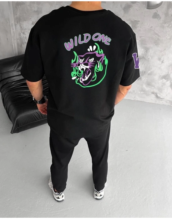 Bisiklet Yaka Baskılı Oversize T-Shirt - Siyah