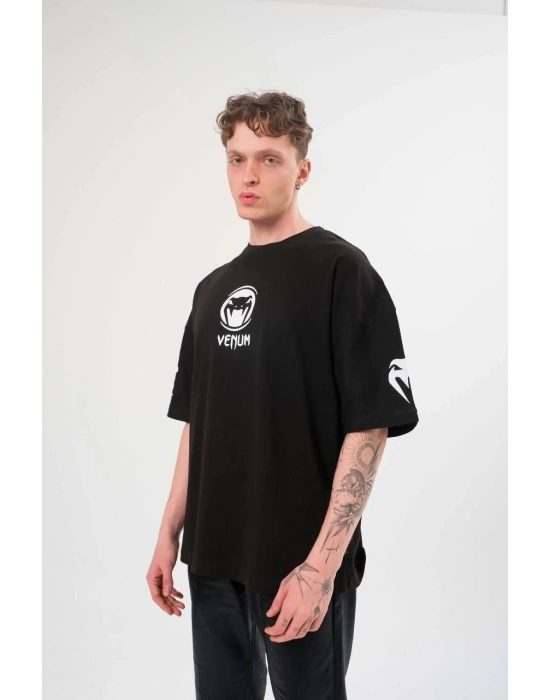 Bisiklet Yaka Baskılı Oversize T-Shirt - Siyah -