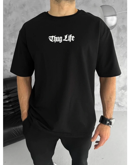 Bisiklet Yaka Baskılı Oversize T-Shirt - Siyah -