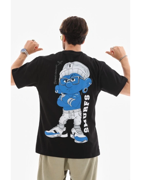 Bisiklet Yaka Baskılı Oversize T-Shirt - Siyah -