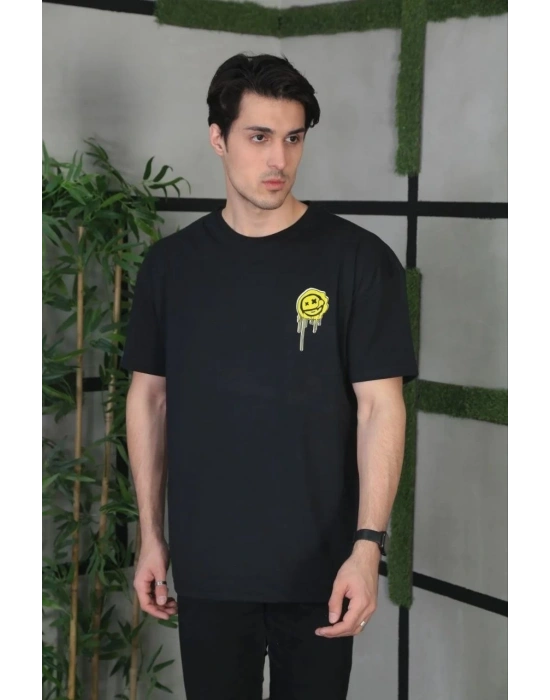 Bisiklet Yaka Baskılı Oversize T-Shirt - Siyah -