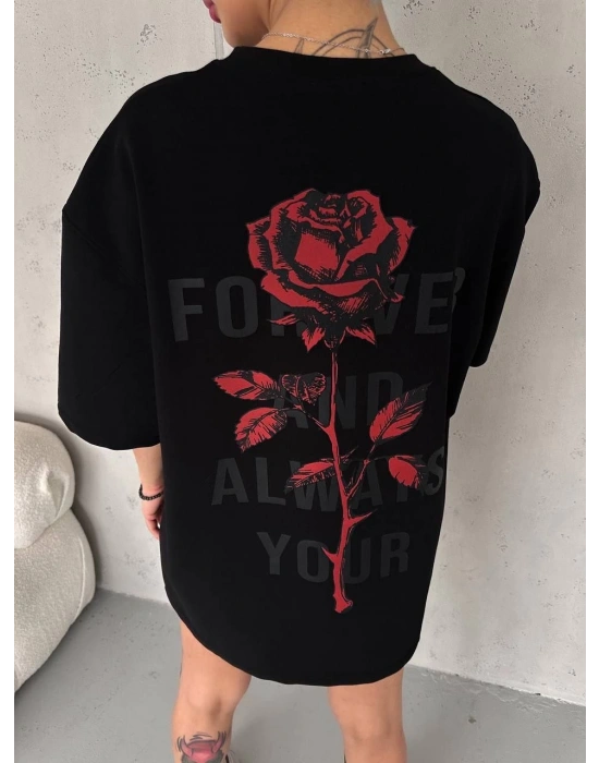 Bisiklet Yaka Baskılı Oversize T-Shirt - Siyah -