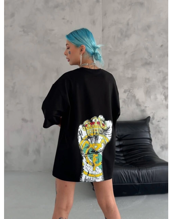 Bisiklet Yaka Baskılı Oversize T-Shirt - Siyah