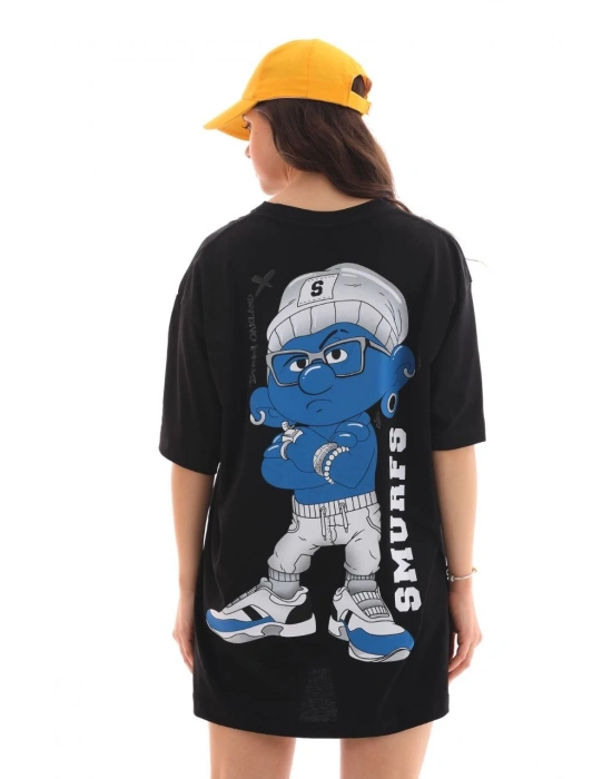 Bisiklet Yaka Baskılı Oversize T-Shirt - Siyah -