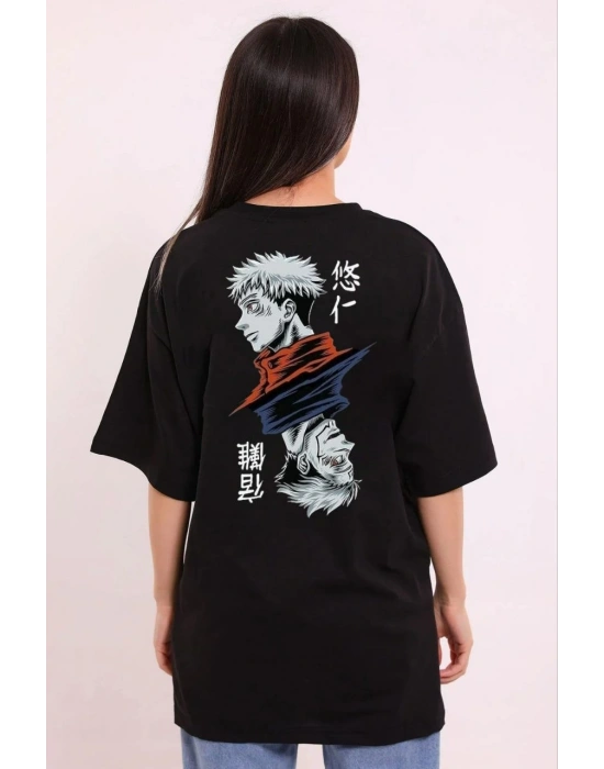 Bisiklet Yaka Baskılı Oversize T-Shirt - Siyah -