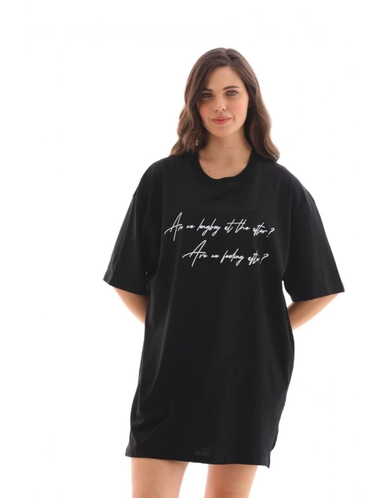 Bisiklet Yaka Baskılı Oversize T-Shirt - Siyah