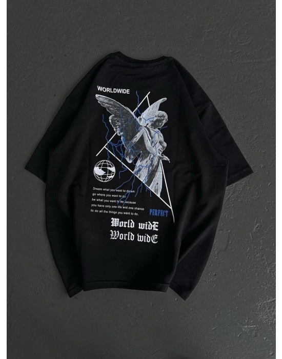 Bisiklet Yaka Baskılı Oversize T-Shirt - Siyah -