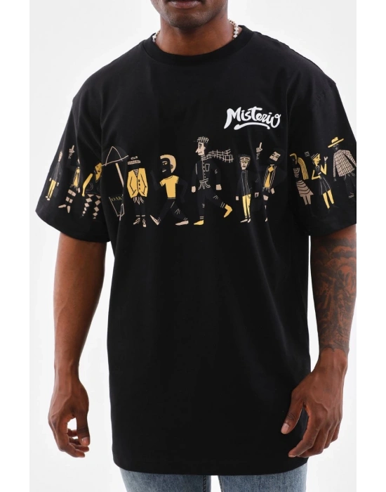 Bisiklet Yaka Baskılı Oversize T-Shirt - Siyah -