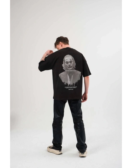 Bisiklet Yaka Baskılı Oversize T-Shirt - Siyah -