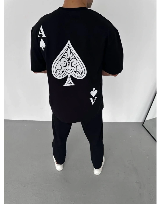 Bisiklet Yaka Baskılı Oversize T-Shirt - Siyah