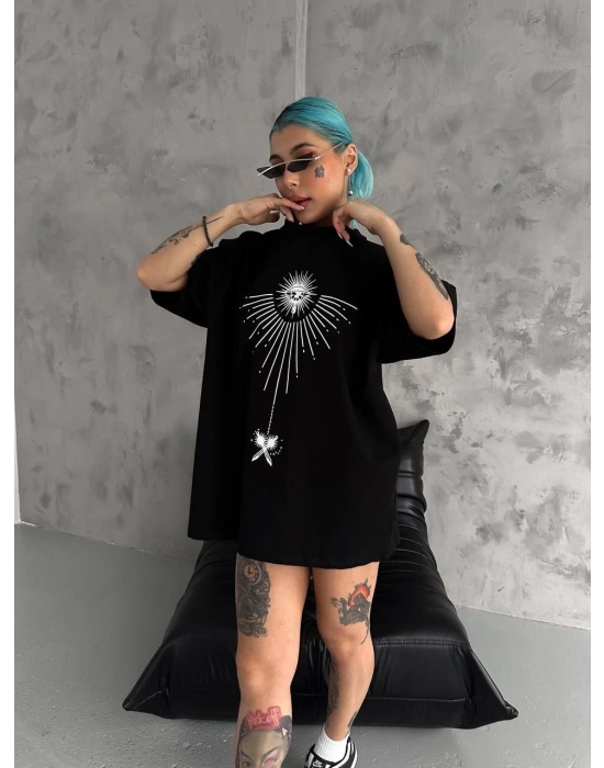 Bisiklet Yaka Baskılı Oversize T-Shirt - Siyah