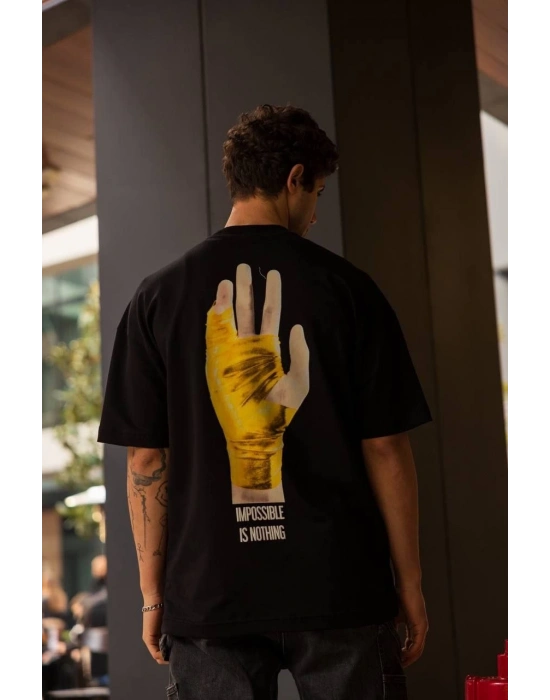 Bisiklet Yaka Baskılı Oversize T-Shirt - Siyah -