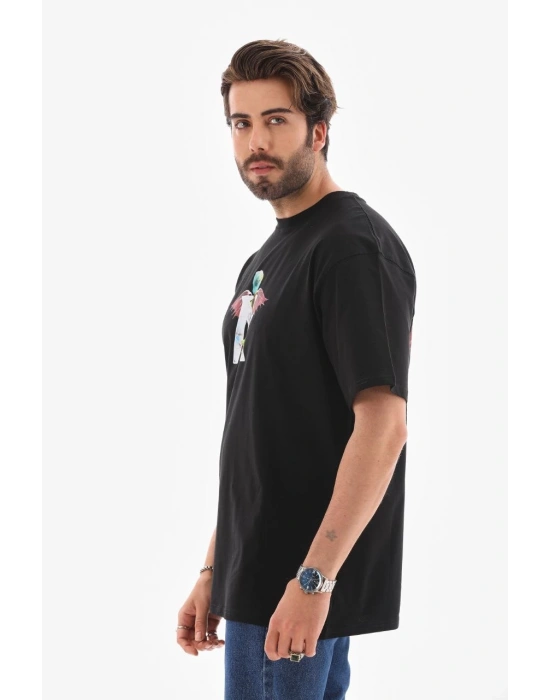 Bisiklet Yaka Baskılı Oversize T-Shirt - Siyah -