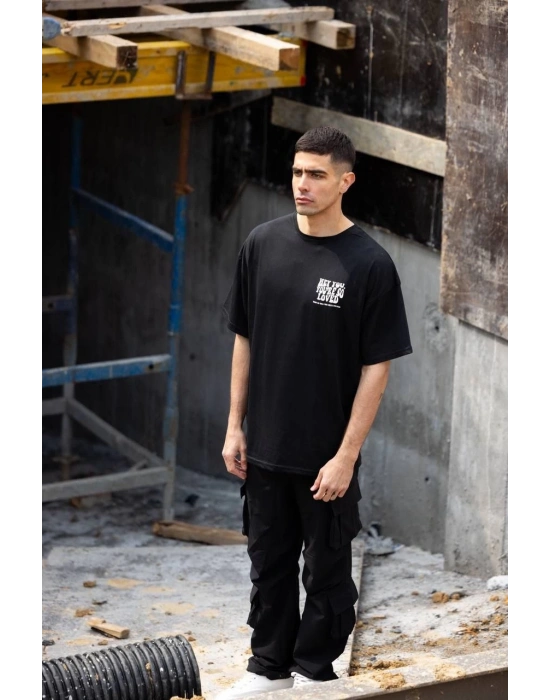 Bisiklet Yaka Baskılı Oversize T-Shirt - Siyah -