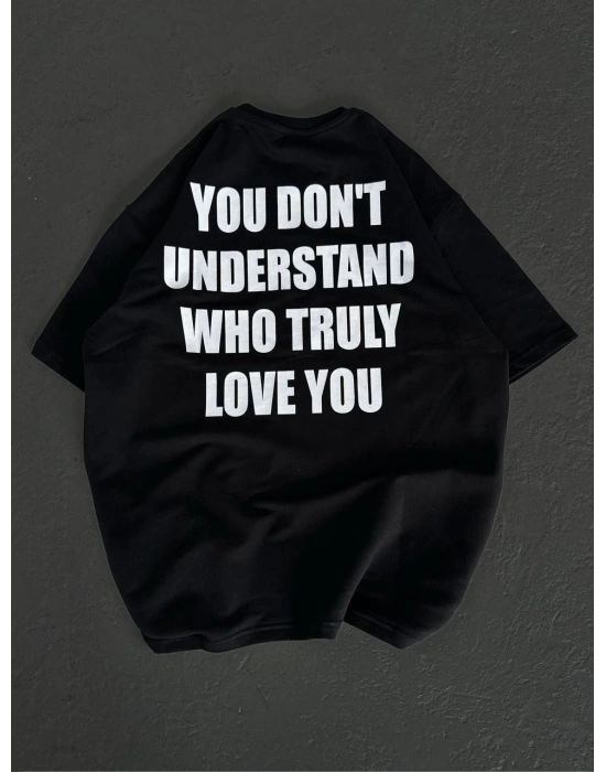 Bisiklet Yaka Baskılı Oversize T-Shirt - Siyah -