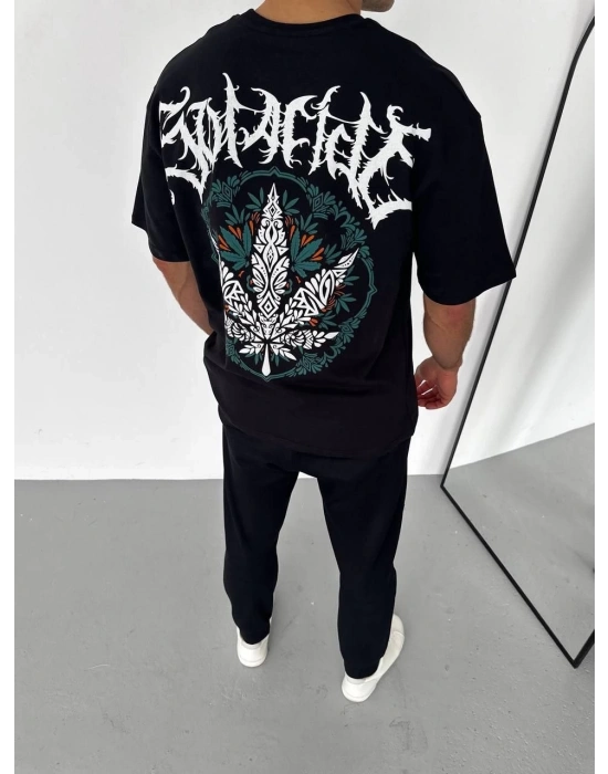 Bisiklet Yaka Baskılı Oversize T-Shirt - Siyah -