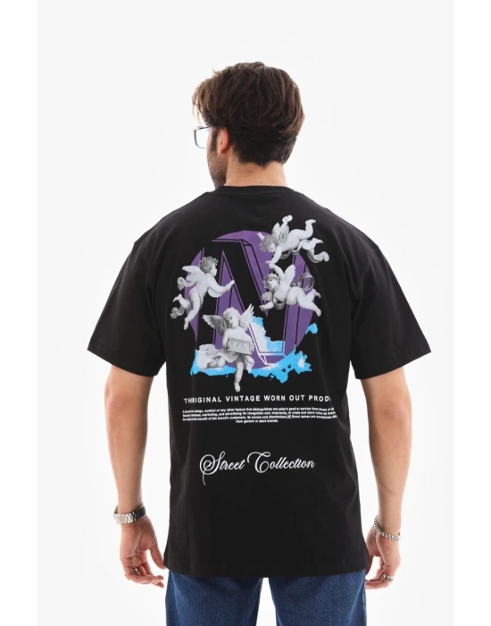 Bisiklet Yaka Baskılı Oversize T-Shirt - Siyah