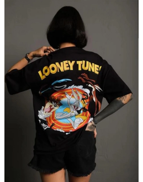 Bisiklet Yaka Baskılı Oversize T-Shirt - Siyah -