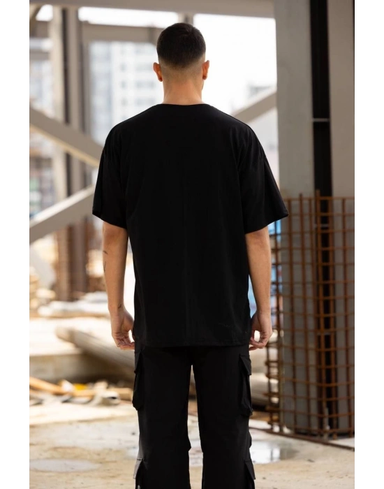 Bisiklet Yaka Baskılı Oversize T-Shirt - Siyah -