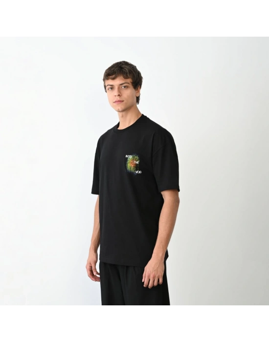 Bisiklet Yaka Baskılı Oversize T-Shirt - Siyah -