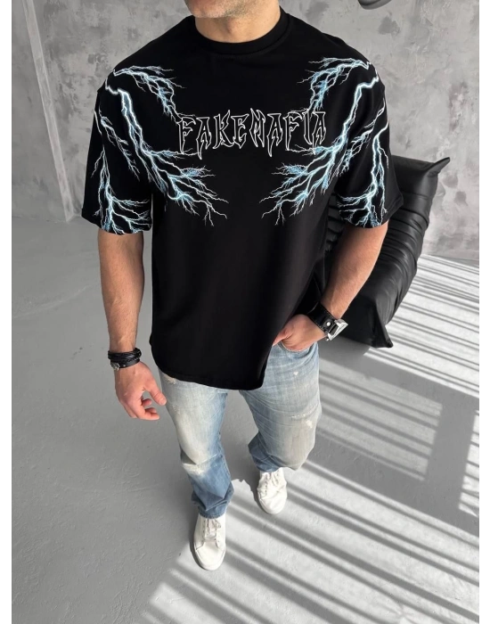 Bisiklet Yaka Baskılı Oversize T-Shirt - Siyah -