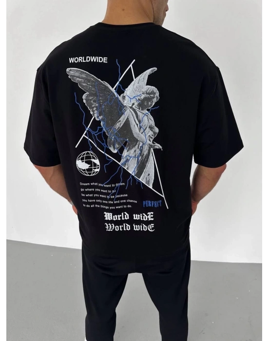 Bisiklet Yaka Baskılı Oversize T-Shirt - Siyah -