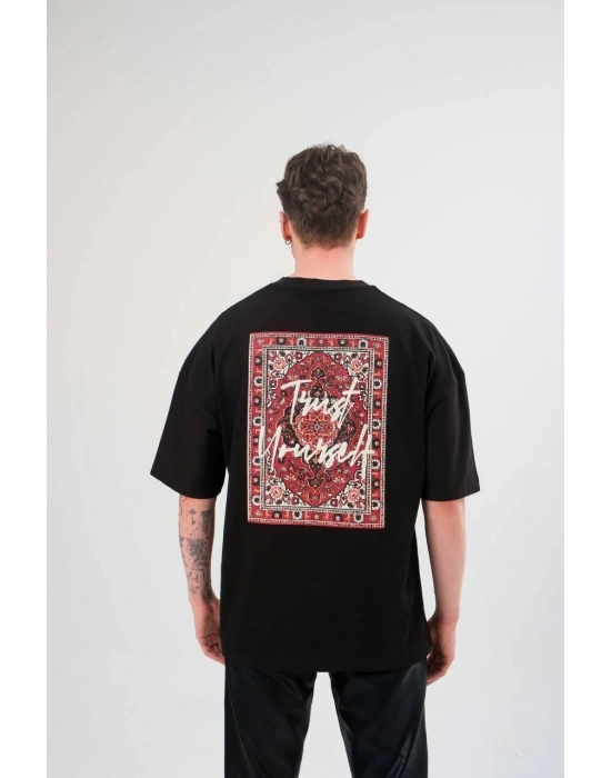 Bisiklet Yaka Baskılı Oversize T-Shirt - Siyah -