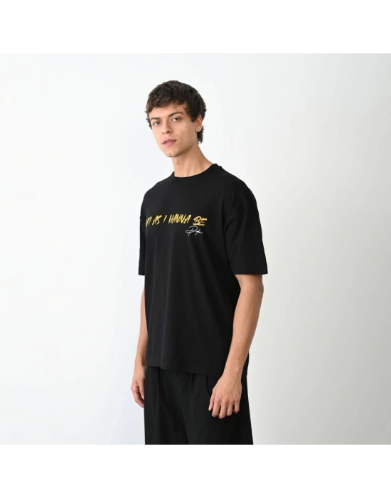 Bisiklet Yaka Baskılı Oversize T-Shirt - Siyah -