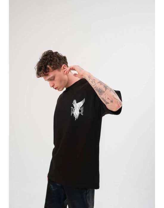 Bisiklet Yaka Baskılı Oversize T-Shirt - Siyah -