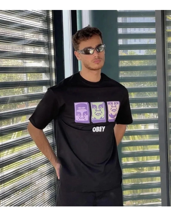 Bisiklet Yaka Baskılı Oversize T-Shirt - Siyah