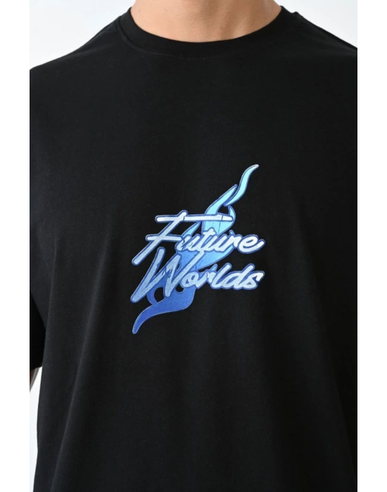 Bisiklet Yaka Baskılı Oversize T-Shirt - Siyah -