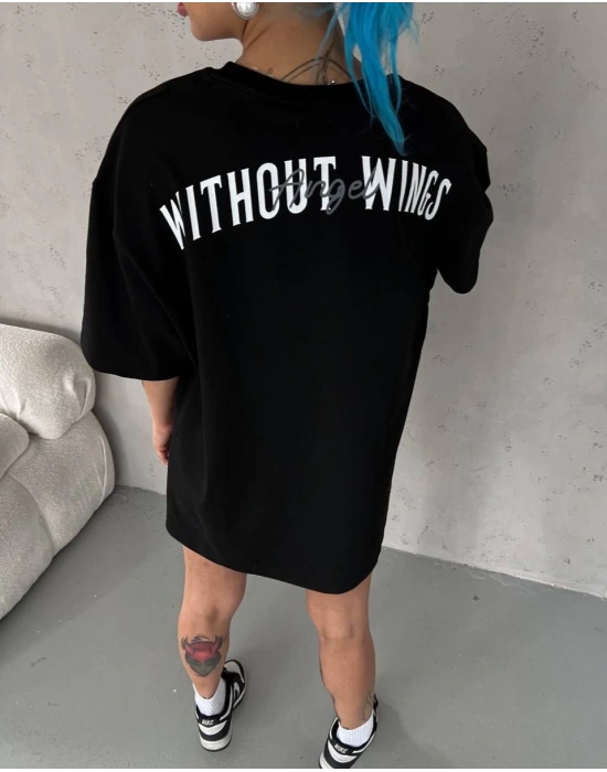 Bisiklet Yaka Baskılı Oversize T-Shirt - Siyah -