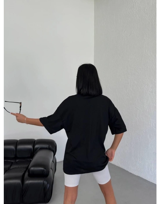 Bisiklet Yaka Baskılı Oversize T-Shirt - Siyah -