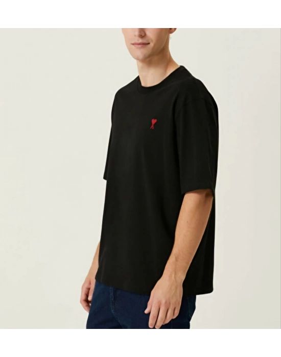 Bisiklet Yaka Baskılı Oversize T-Shirt - Siyah -