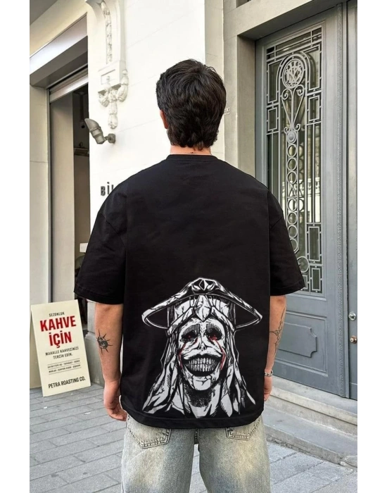 Bisiklet Yaka Baskılı Oversize T-Shirt - Siyah -