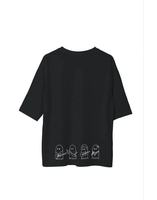 Bisiklet Yaka Baskılı Oversize T-Shirt - Siyah -