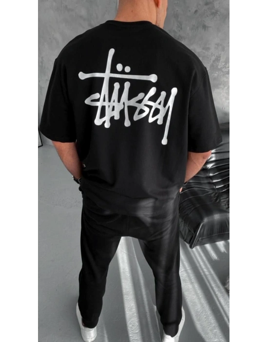 Bisiklet Yaka Baskılı Oversize T-Shirt - Siyah -