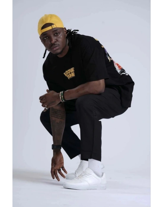 Bisiklet Yaka Baskılı Oversize T-Shirt - Siyah -