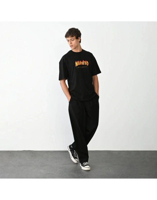 Bisiklet Yaka Baskılı Oversize T-Shirt - Siyah -