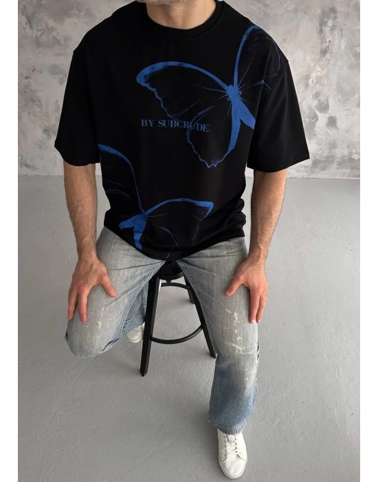 Bisiklet Yaka Baskılı Oversize T-Shirt - Siyah