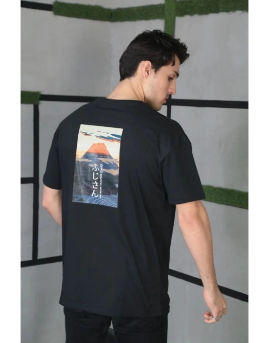 Bisiklet Yaka Baskılı Oversize T-Shirt - Siyah -