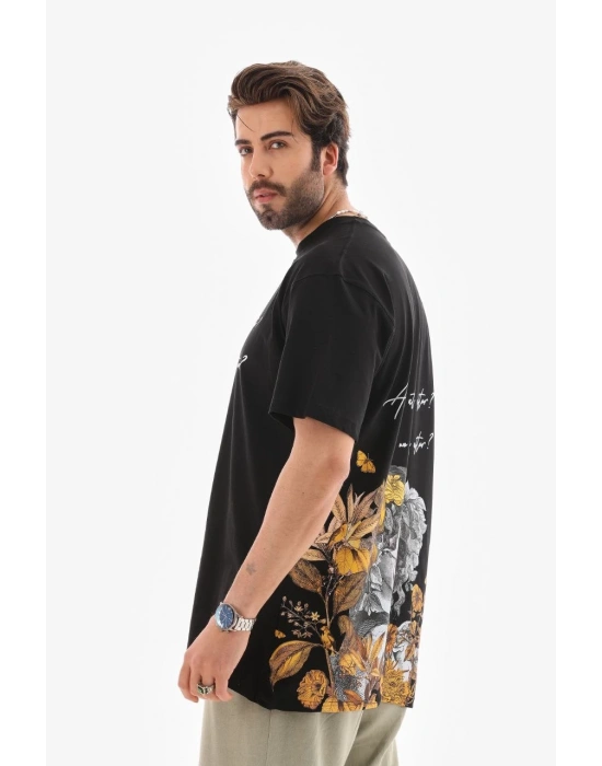 Bisiklet Yaka Baskılı Oversize T-Shirt - Siyah