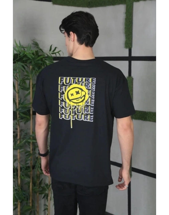 Bisiklet Yaka Baskılı Oversize T-Shirt - Siyah -