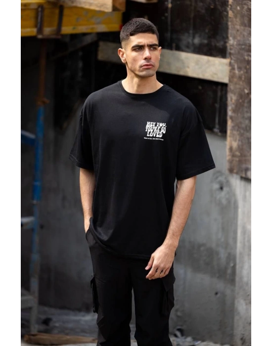 Bisiklet Yaka Baskılı Oversize T-Shirt - Siyah -