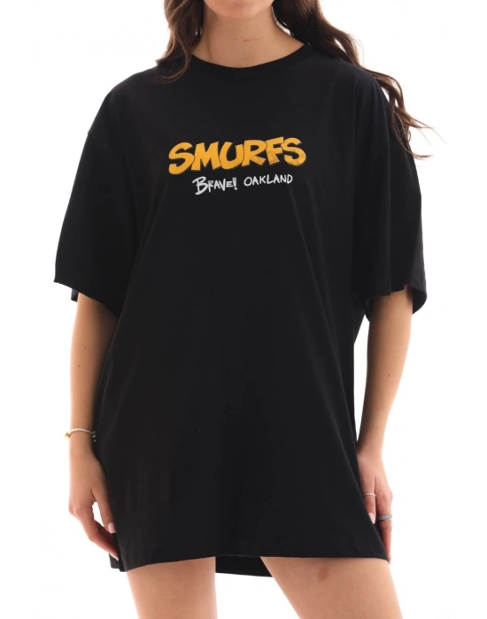 Bisiklet Yaka Baskılı Oversize T-Shirt - Siyah -